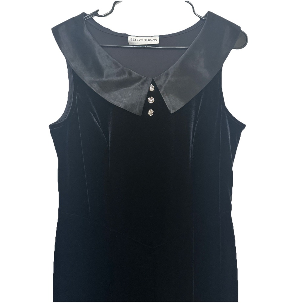 Vintage 90s Betsy's Things Velvet Black Dress L w/ Satin Collar 3 Button Bling‎